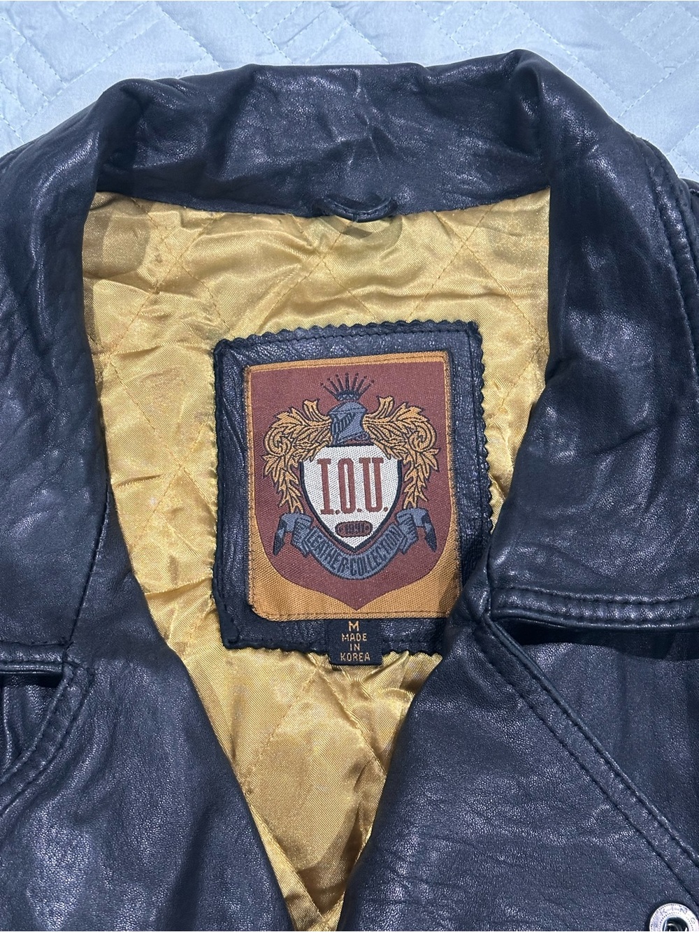 Vintage I.O.U Genuine Leather Moto Bomber Jacket Black Oversized Korea Men L XL - Picture 2 of 8